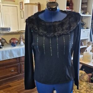 BlackCatFashionSweater Faux Fur Collar& Embellishments. Vintage.sz. L. (#2059B)